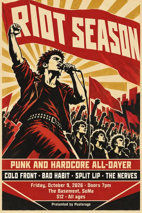 Soviet Propaganda style poster for a fictional event called Riot Season