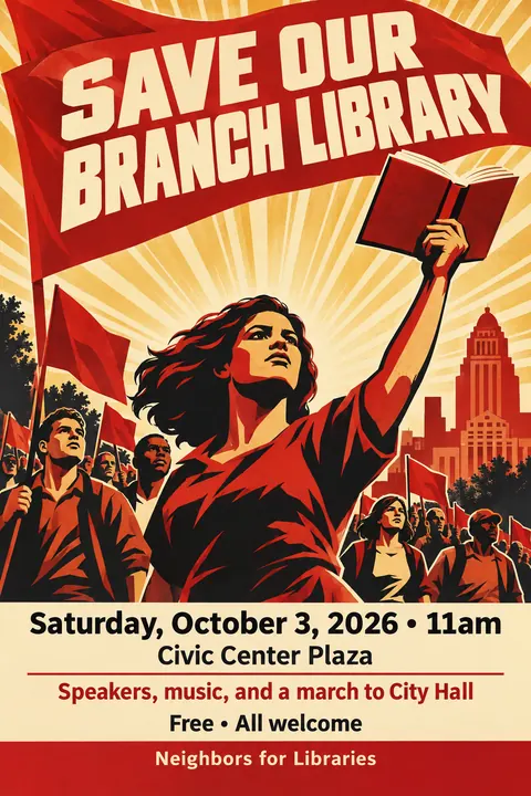 Soviet Propaganda style poster for a fictional event called Save Our Branch Library