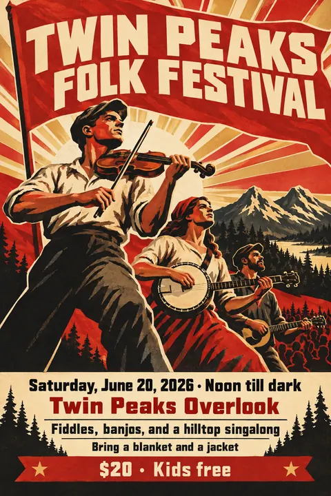 Soviet Propaganda style event poster for a fictional festival: Twin Peaks Folk Festival