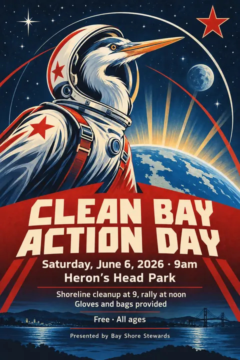 Soviet Space Programme style event poster for a fictional protest: Clean Bay Action Day