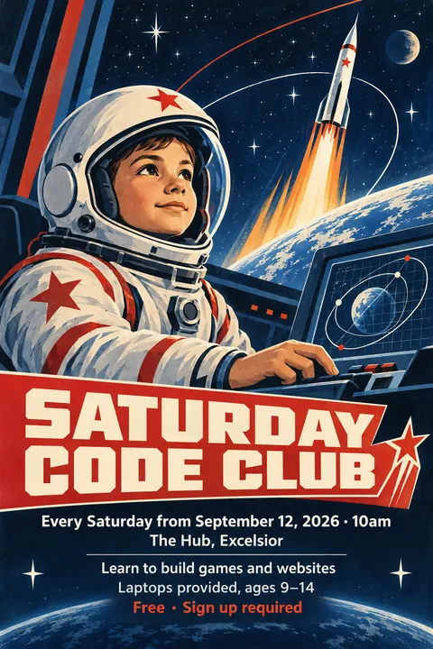 Soviet Space Programme style poster for a fictional event called Saturday Code Club