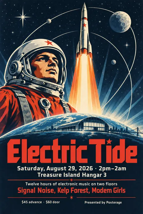 Soviet Space Programme style event poster for a fictional festival: Electric Tide