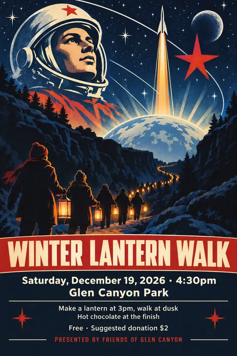 Soviet Space Programme style poster for a fictional event called Winter Lantern Walk