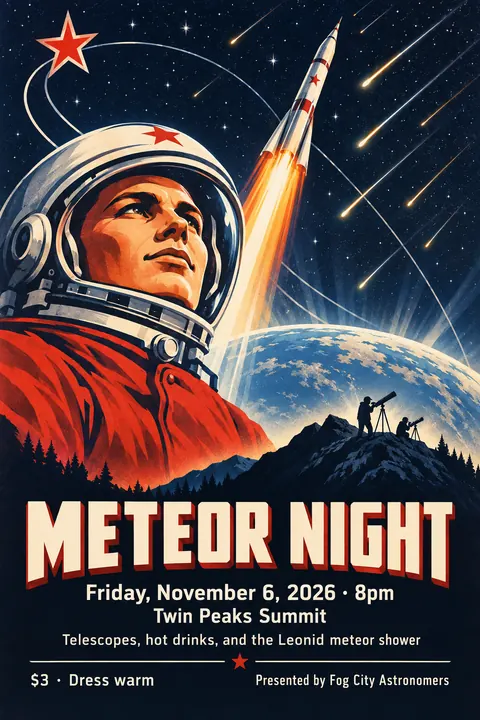 Soviet Space Programme style poster for a fictional event called Meteor Night