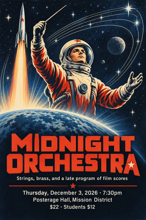 Soviet Space Programme style poster for a fictional event called Midnight Orchestra