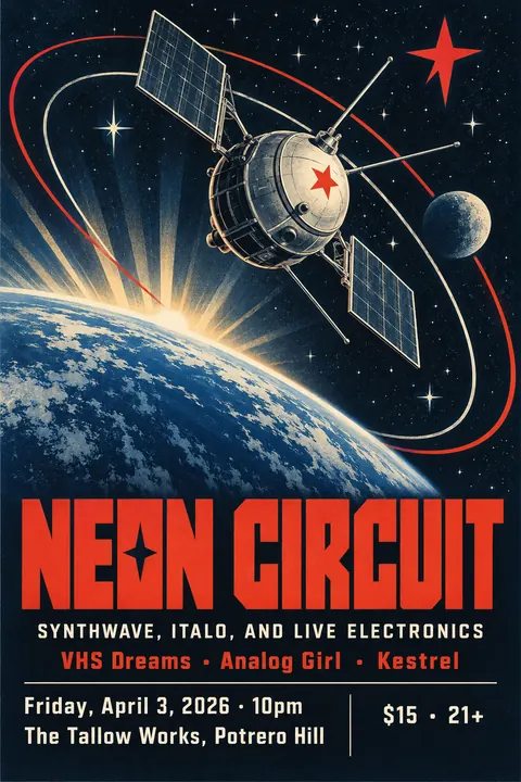 Soviet Space Programme style poster for a fictional event called Neon Circuit