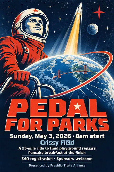 Soviet Space Programme style event poster for a fictional fundraiser: Pedal for Parks