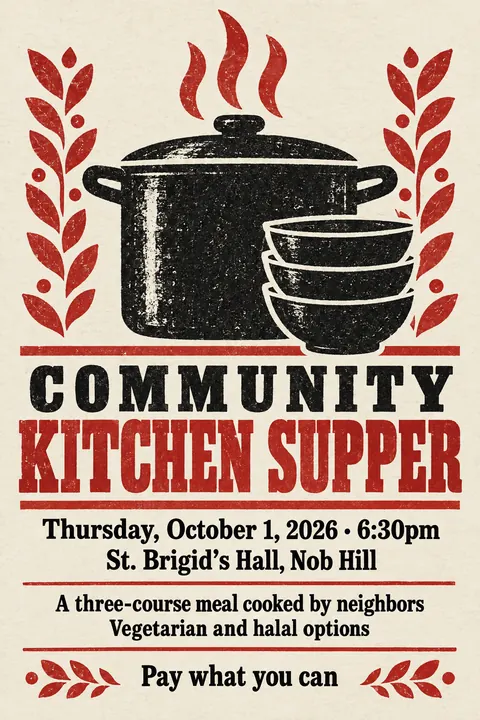 Stamp / Letterpress (Modernised) style poster for a fictional event called Community Kitchen Supper