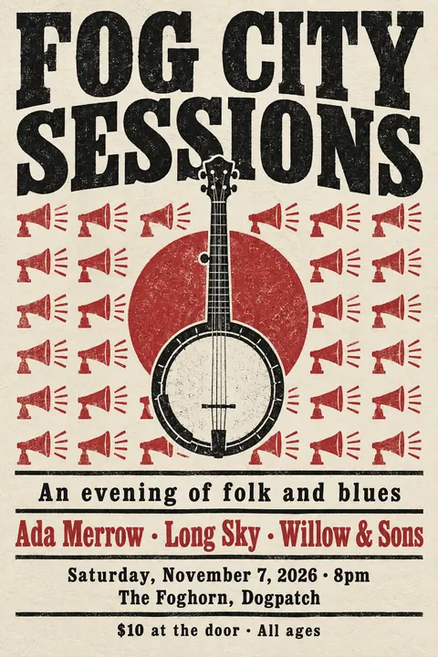 Stamp / Letterpress (Modernised) style poster for a fictional event called Fog City Sessions