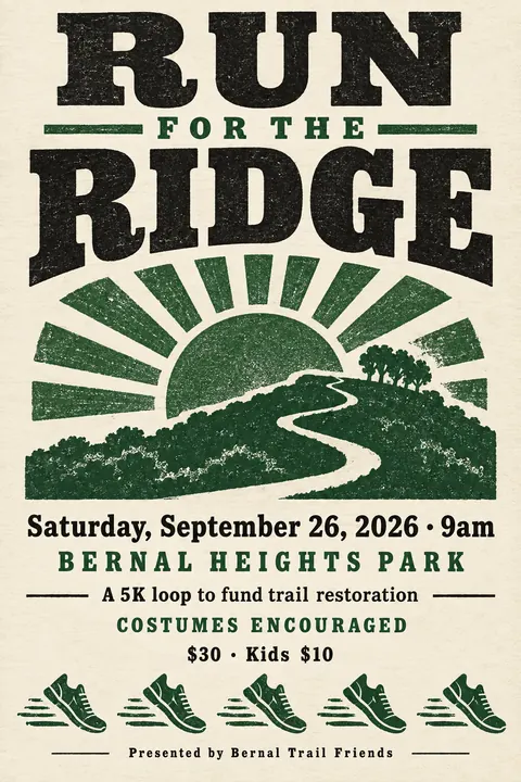 Stamp / Letterpress (Modernised) style event poster for a fictional fundraiser: Run for the Ridge