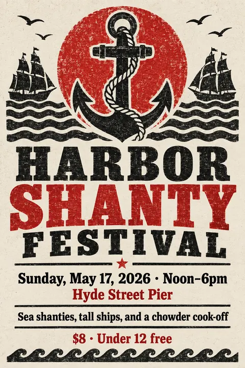 Stamp / Letterpress (Modernised) style event poster for a fictional festival: Harbor Shanty Festival