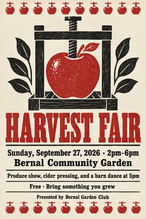 Stamp / Letterpress (Modernised) style poster for a fictional event called Harvest Fair