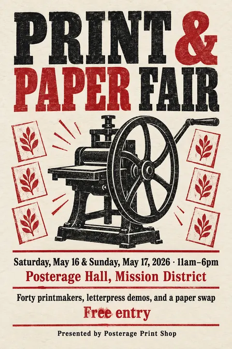 Stamp / Letterpress (Modernised) style poster for a fictional event called Print & Paper Fair