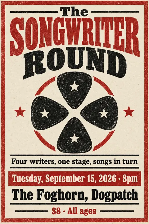 Stamp / Letterpress (Modernised) style poster for a fictional event called The Songwriter Round