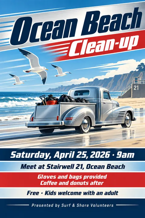 Streamline Moderne style poster for a fictional event called Ocean Beach Clean-up