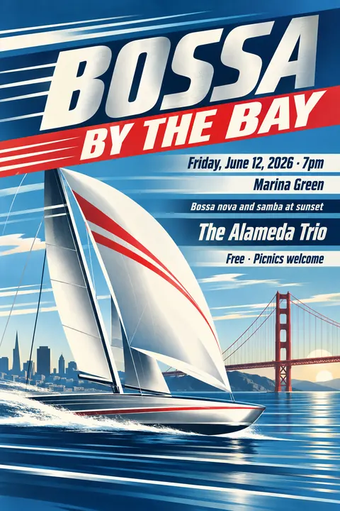 Streamline Moderne style poster for a fictional event called Bossa by the Bay