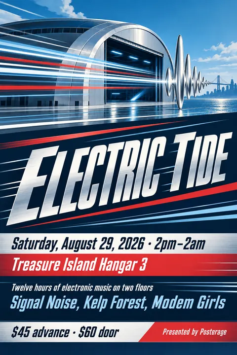 Streamline Moderne style event poster for a fictional festival: Electric Tide