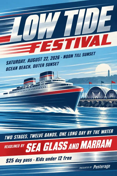 Streamline Moderne style poster for a fictional event called Low Tide Festival