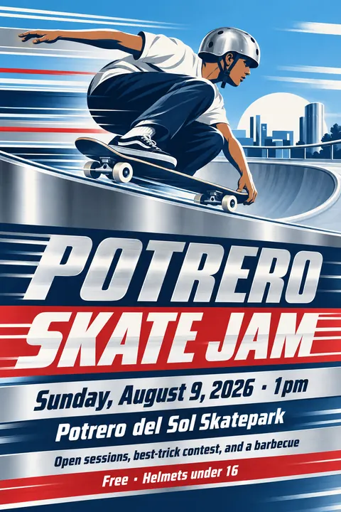 Streamline Moderne style poster for a fictional event called Potrero Skate Jam