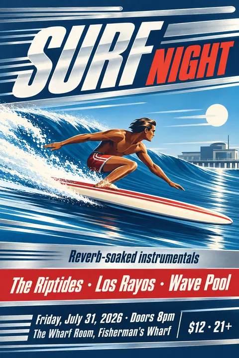 Streamline Moderne style poster for a fictional event called Surf Night
