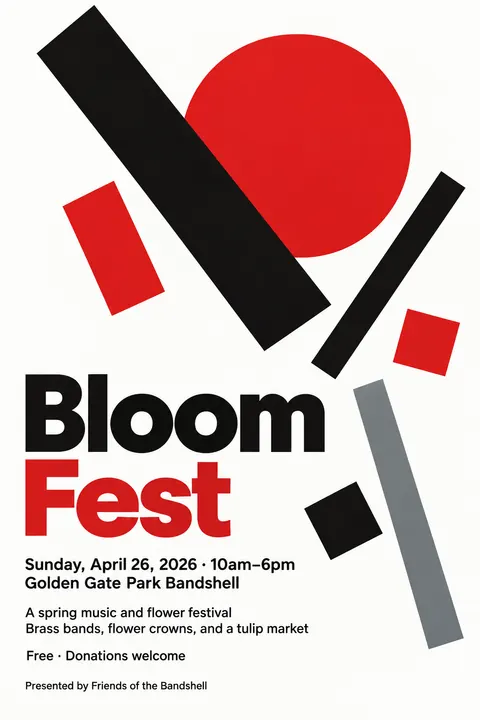Suprematism style event poster for a fictional festival: Bloom Fest