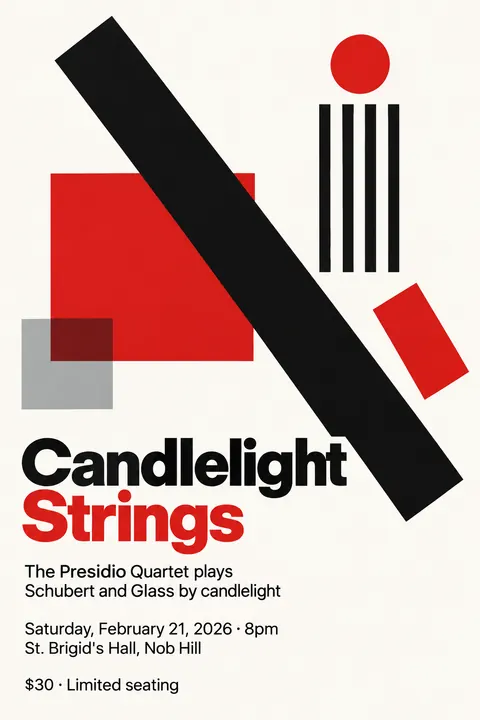 Suprematism style poster for a fictional event called Candlelight Strings