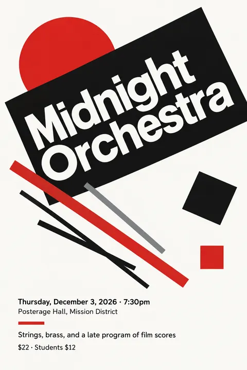 Suprematism style poster for a fictional event called Midnight Orchestra