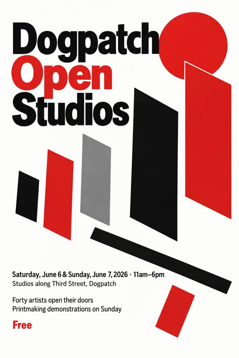 Suprematism style poster for a fictional event called Dogpatch Open Studios