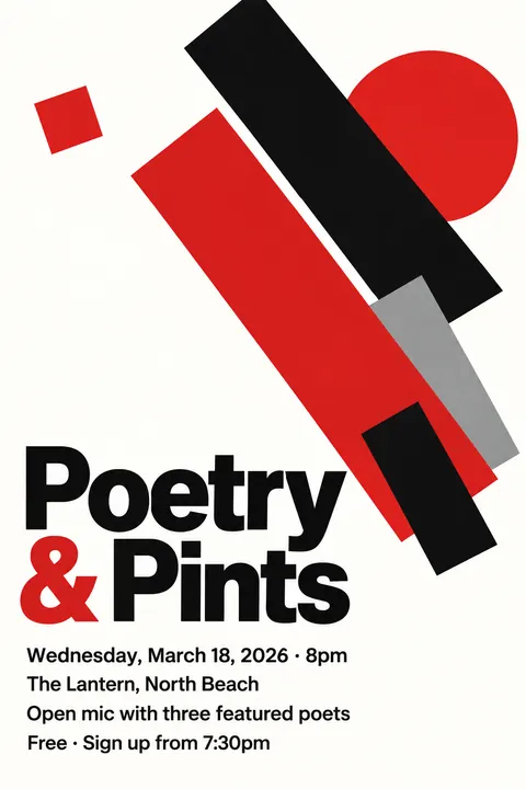 Suprematism style poster for a fictional event called Poetry & Pints
