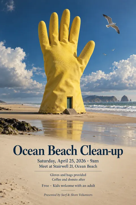 Surrealist style poster for a fictional event called Ocean Beach Clean-up