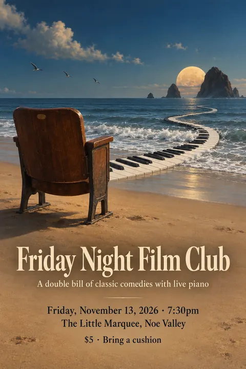 Surrealist style event poster for a fictional community: Friday Night Film Club