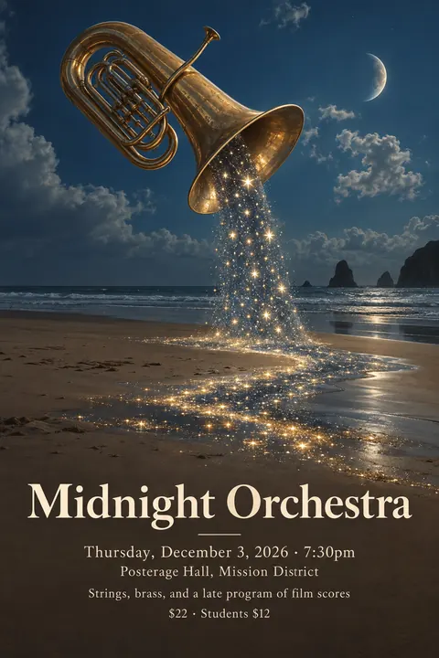 Surrealist style poster for a fictional event called Midnight Orchestra