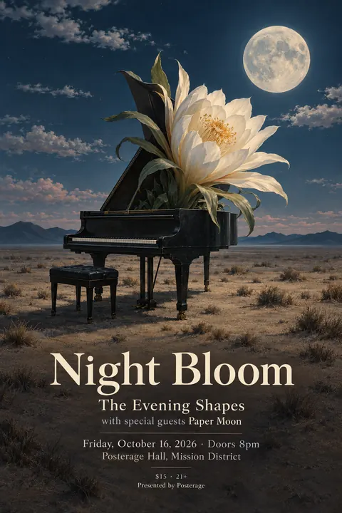 Surrealist style poster for a fictional event called Night Bloom