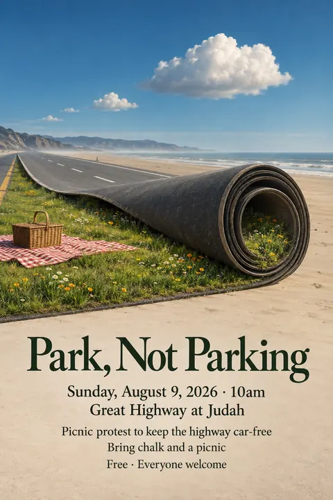 Surrealist style event poster for a fictional protest: Park, Not Parking