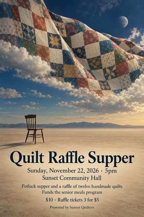 Surrealist style event poster for a fictional fundraiser: Quilt Raffle Supper