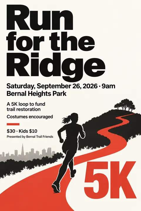 Swiss typography style event poster for a fictional fundraiser: Run for the Ridge