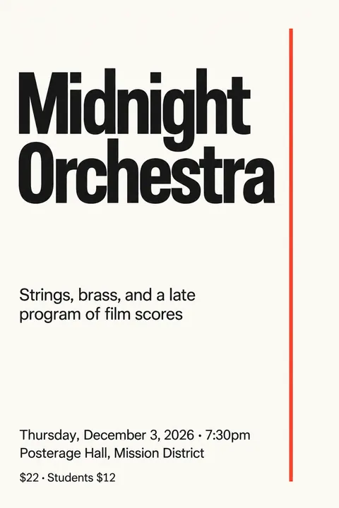 Swiss typography style poster for a fictional event called Midnight Orchestra
