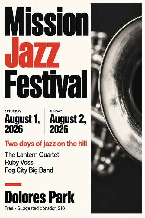 Swiss typography style event poster for a fictional festival: Mission Jazz Festival