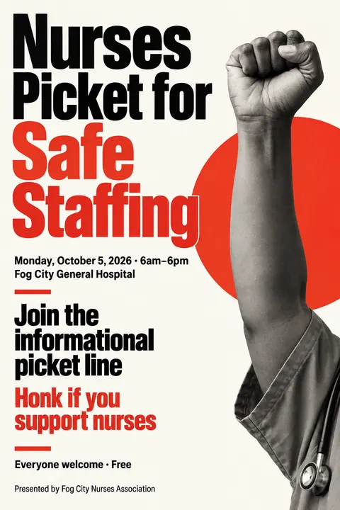 Swiss typography style event poster for a fictional protest: Nurses Picket for Safe Staffing