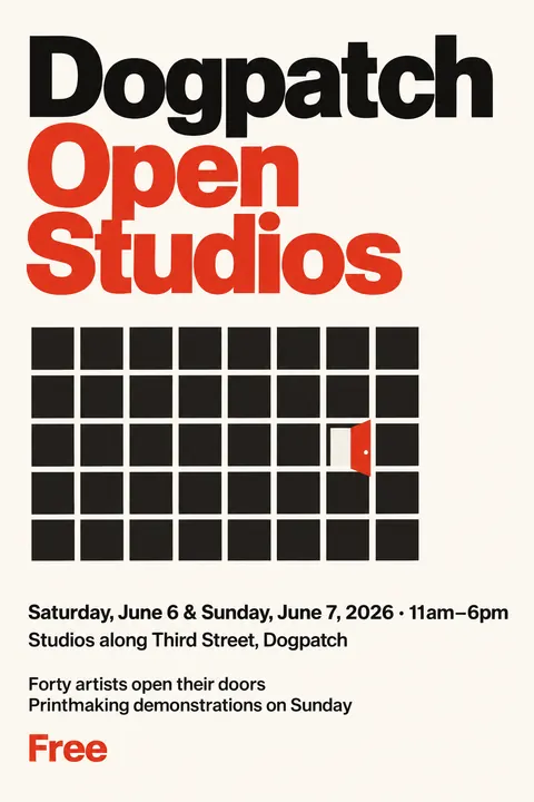Swiss typography style poster for a fictional event called Dogpatch Open Studios