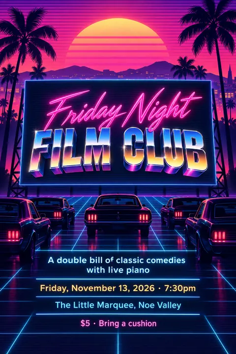 Synthwave / Retrowave style event poster for a fictional community: Friday Night Film Club