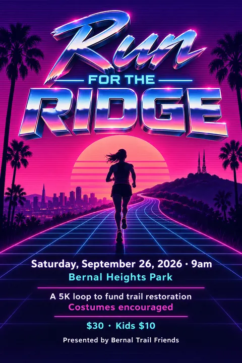 Synthwave / Retrowave style event poster for a fictional fundraiser: Run for the Ridge