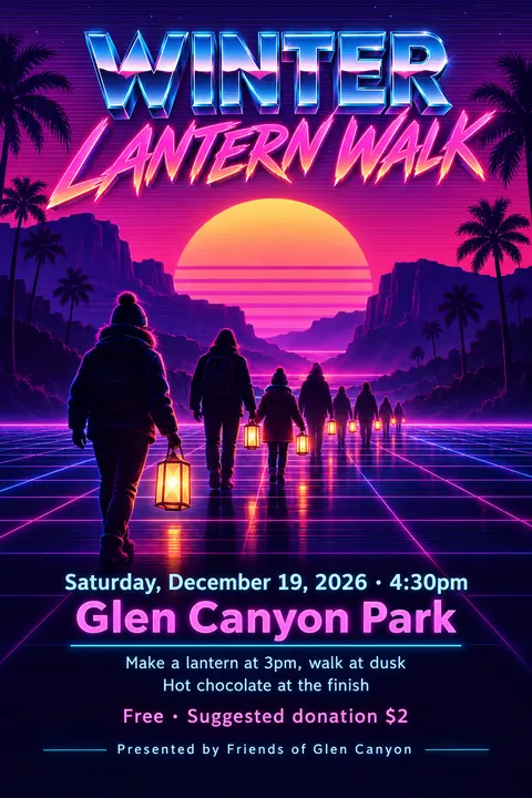 Synthwave / Retrowave style poster for a fictional event called Winter Lantern Walk