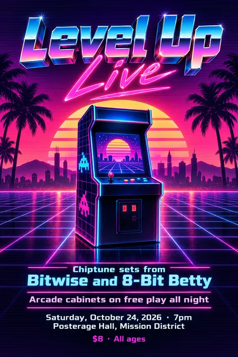 Synthwave / Retrowave style poster for a fictional event called Level Up Live