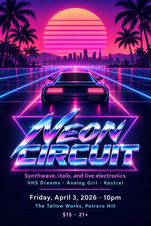 Synthwave / Retrowave style poster for a fictional event called Neon Circuit