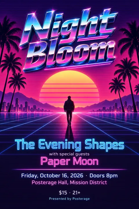Synthwave / Retrowave style poster for a fictional event called Night Bloom