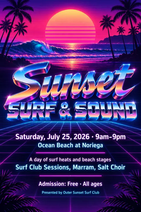 Synthwave / Retrowave style event poster for a fictional festival: Sunset Surf & Sound
