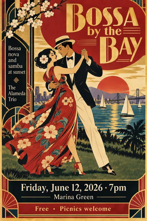 Taisho Modern / Japanese 1920s style poster for a fictional event called Bossa by the Bay