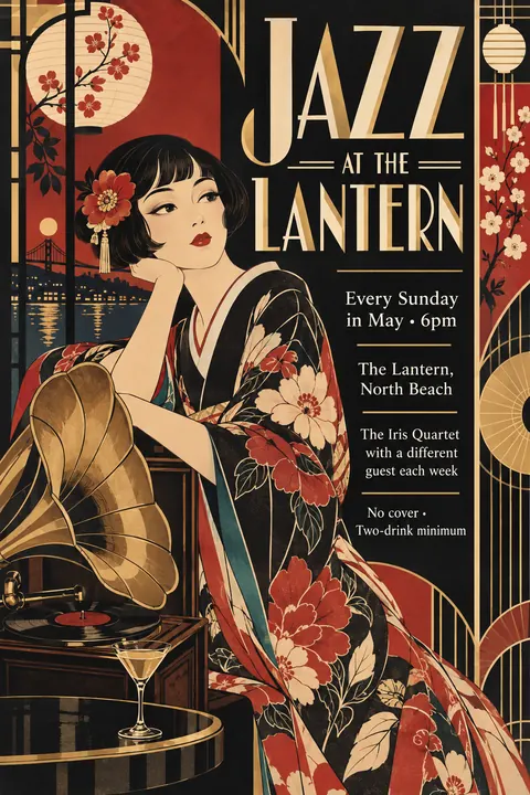 Taisho Modern / Japanese 1920s style poster for a fictional event called Jazz at the Lantern