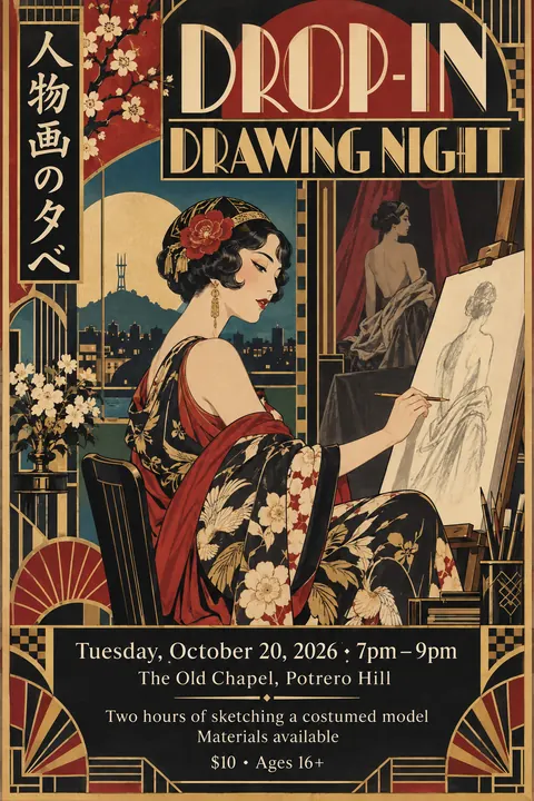 Taisho Modern / Japanese 1920s style poster for a fictional event called Drop-in Drawing Night